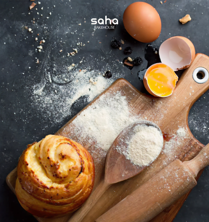 Fresh bread and ingredients on the worktable